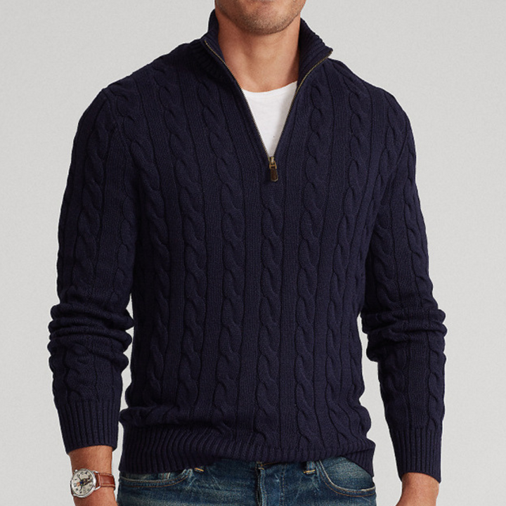 Navy Chunky Cable-Knit Quarter-Zip Sweater worn front view