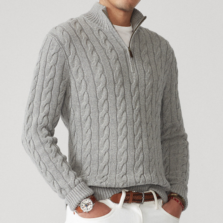 Gray Chunky Cable-Knit Quarter-Zip Sweater worn front view