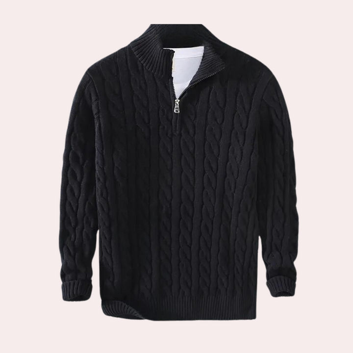 Black Chunky Cable-Knit Quarter-Zip Sweater flat front view