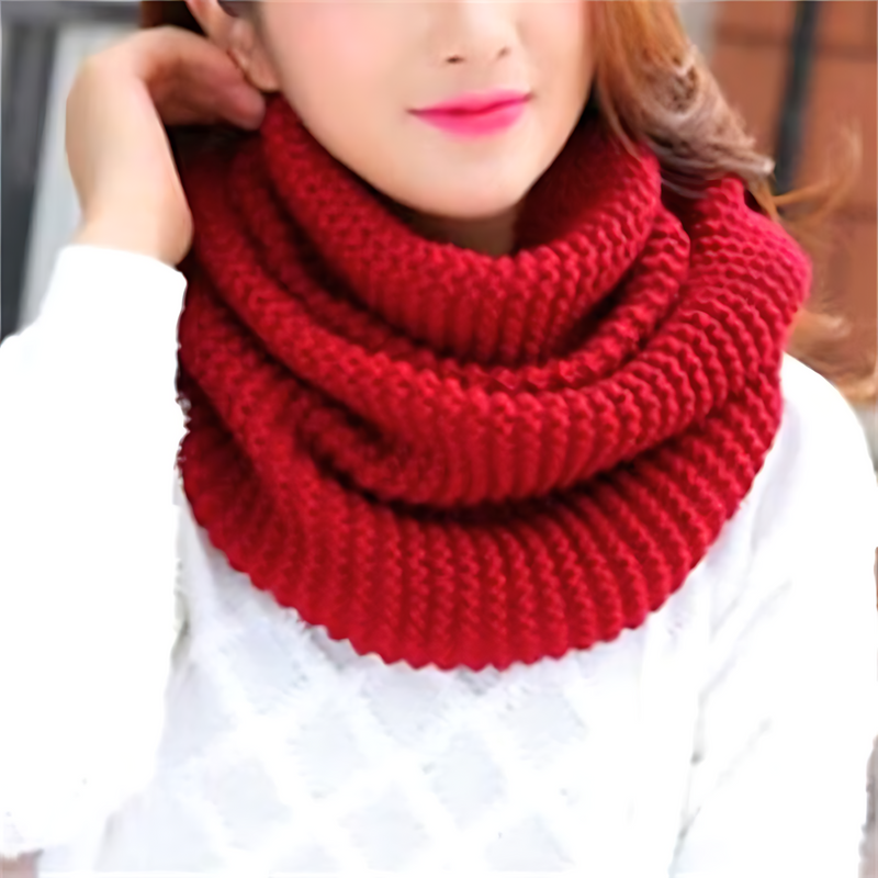 Dark Red Chunky Knit Infinity Scarf worn