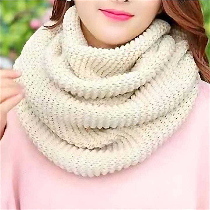 Beige Chunky Knit Infinity Scarf worn