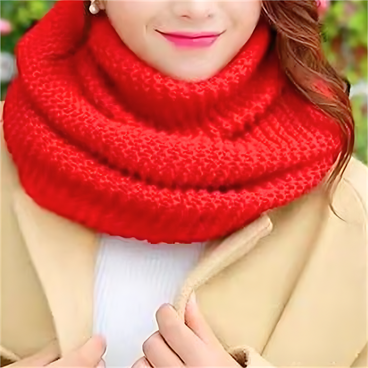 Light Red Chunky Knit Infinity Scarf worn