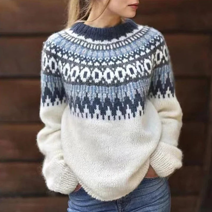 White Chunky Fair Isle Crew-Neck Sweater worn front view