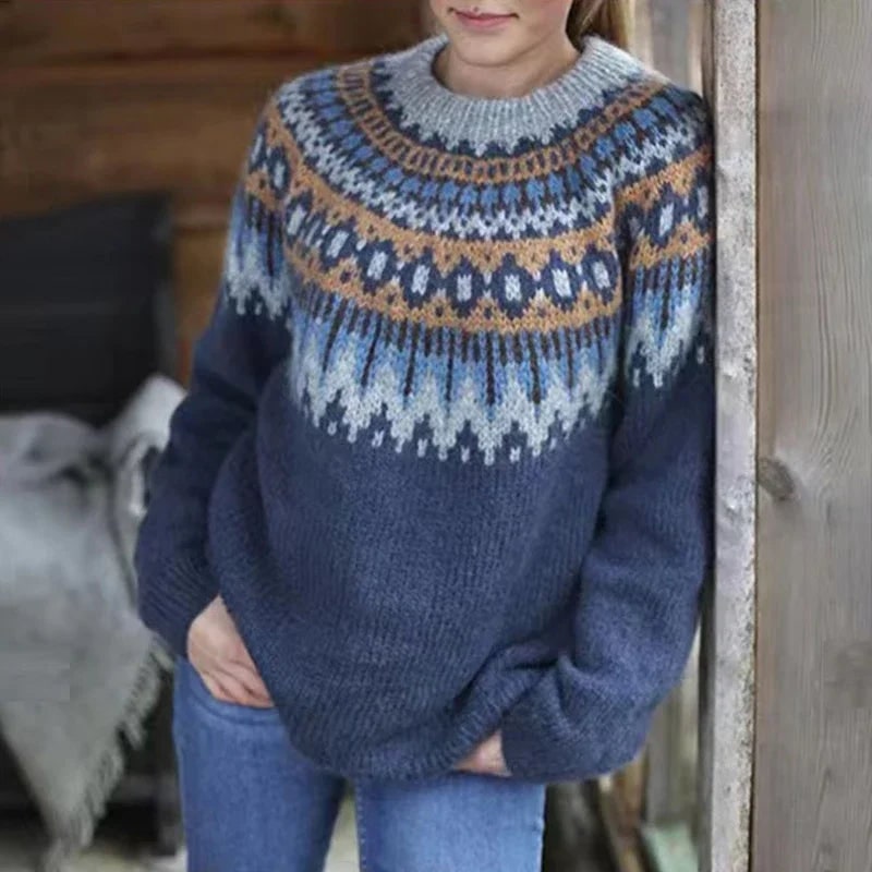 Dark Blue Chunky Fair Isle Crew-Neck Sweater worn front view