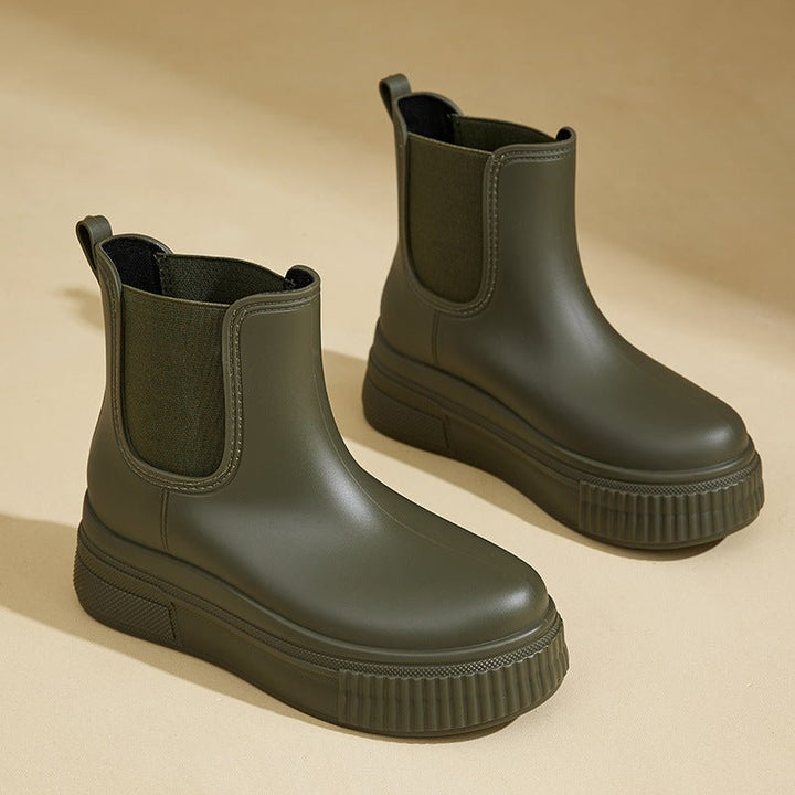 Green Chunky-Sole Chelsea Rain Boots front view