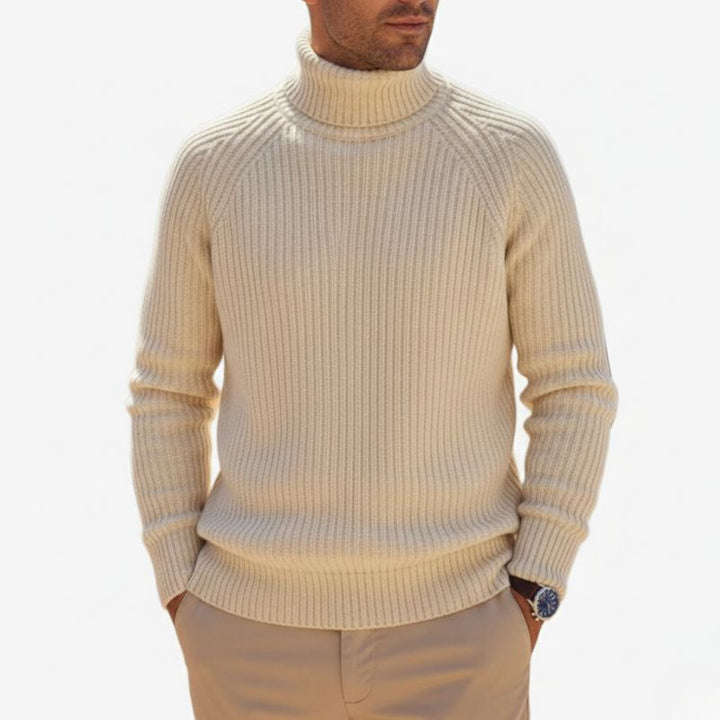 Khaki Chunky Wool Turtleneck Sweater worn with chinos