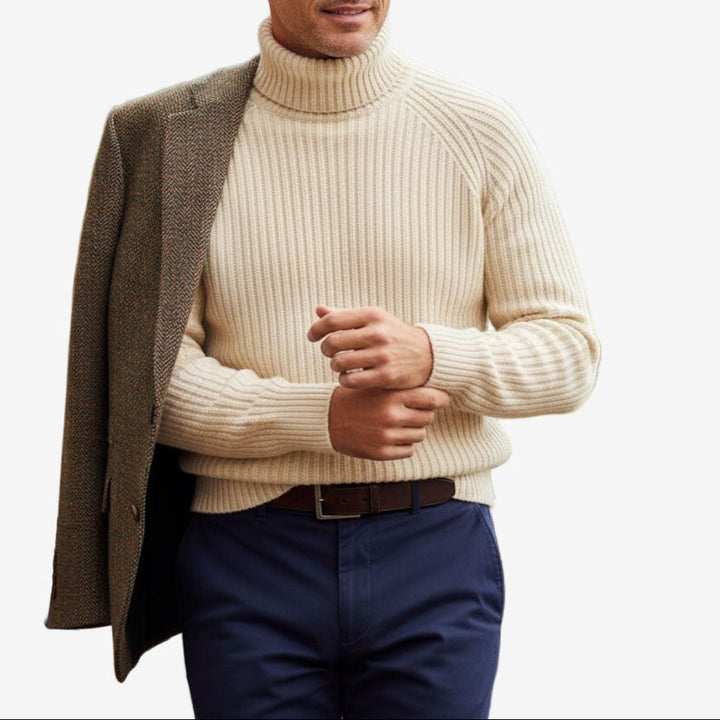 Khaki Chunky Wool Turtleneck Sweater layered under a blazer