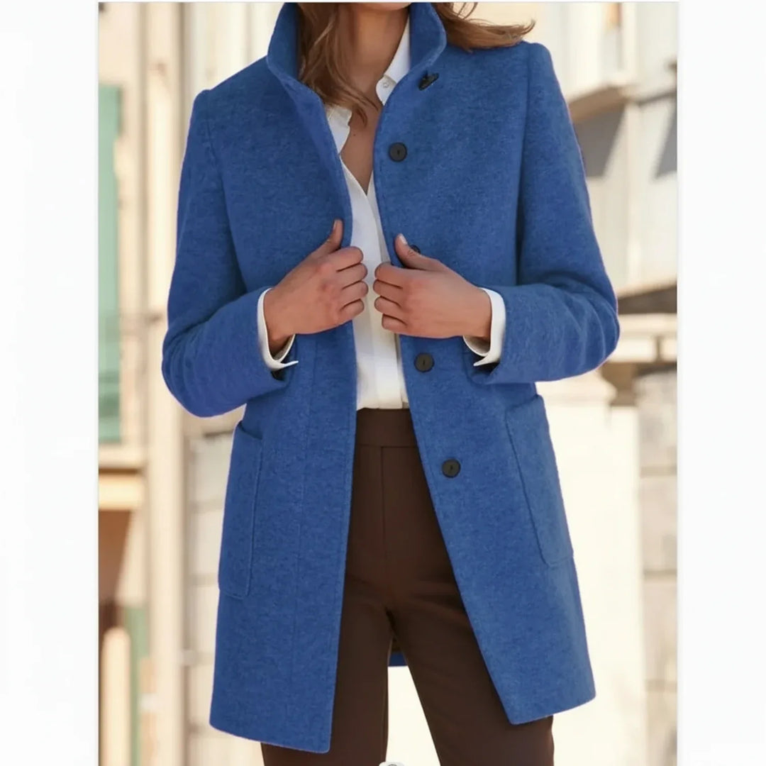 Dark Blue Button-Front Midi Coat worn front view