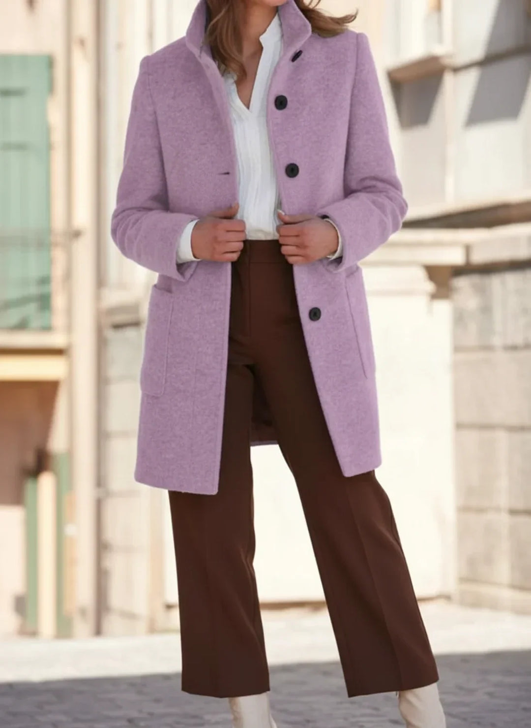 Purple Button-Front Midi Coat worn front view
