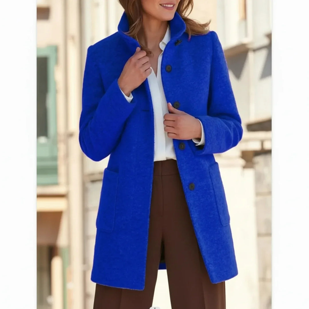 Blue Button-Front Midi Coat worn front view