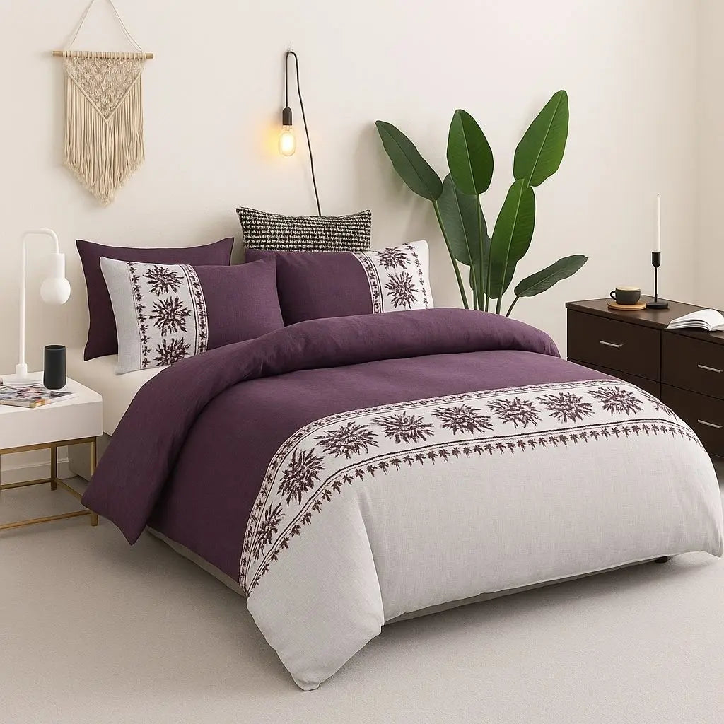 Purple Botanical Border Duvet Cover Set on bed front view