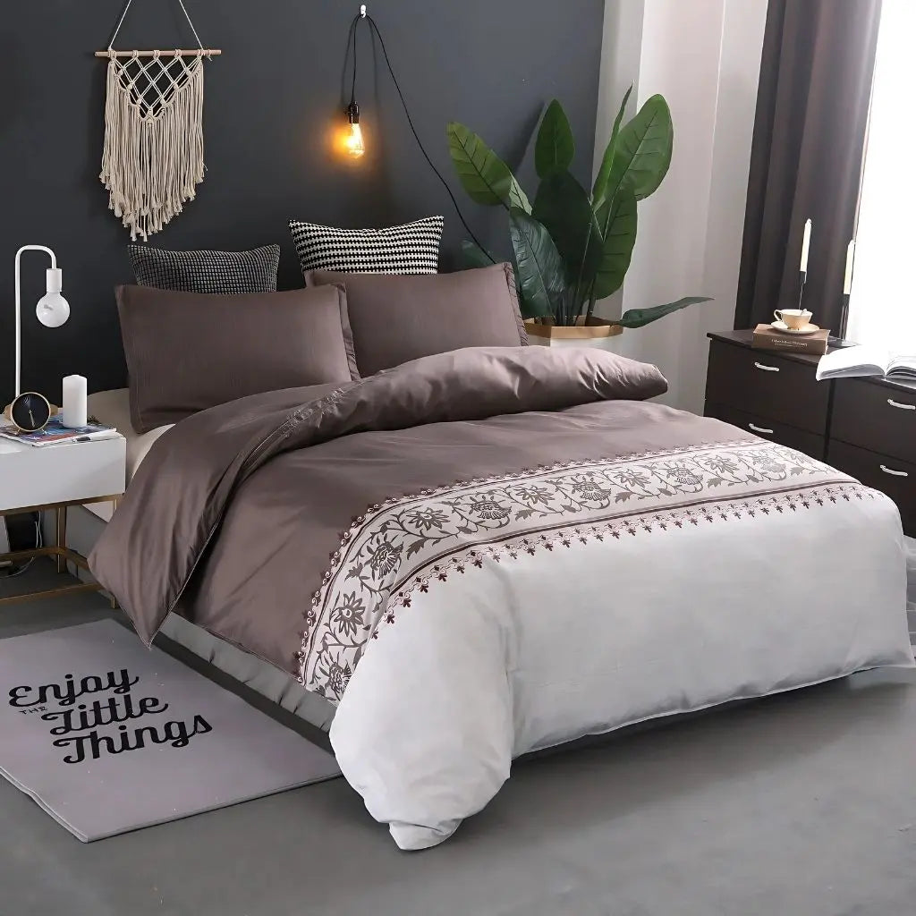 Brown Botanical Border Duvet Cover Set on bed front view