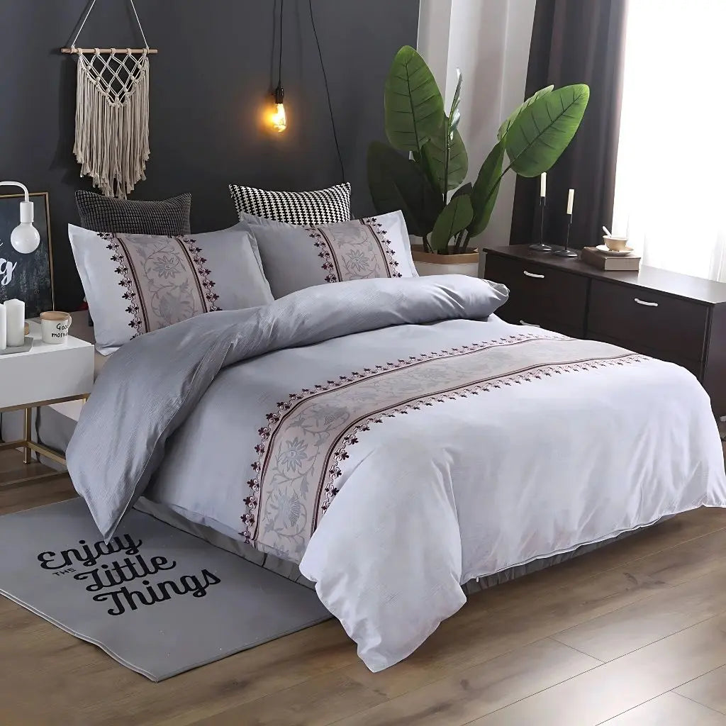 Grey Botanical Border Duvet Cover Set on bed front view