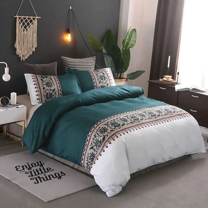 Peacock Blue Botanical Border Duvet Cover Set on bed front view