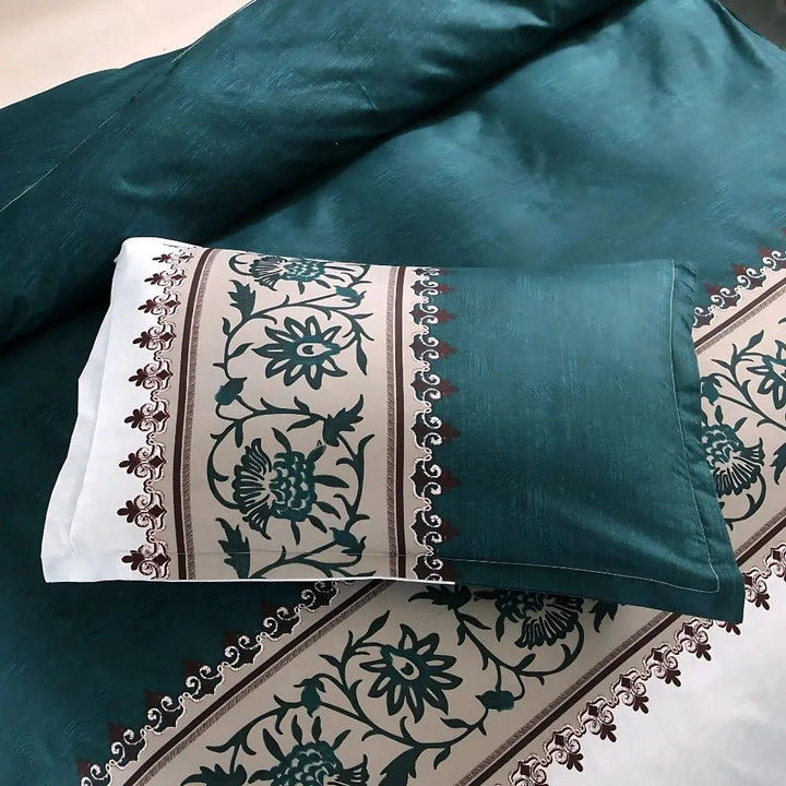 Peacock Blue Botanical Border Duvet Cover Set pillowcase detail