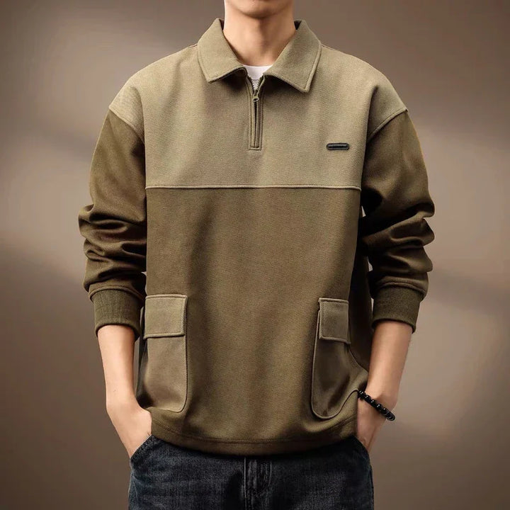 Olive Color-Block Quarter-Zip Polo worn front view