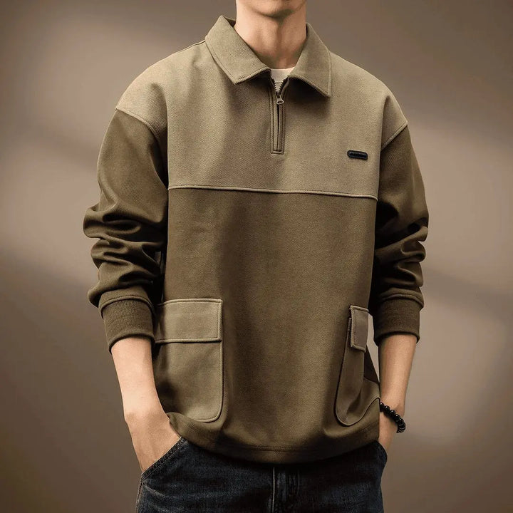 Olive Color-Block Quarter-Zip Polo worn front detail