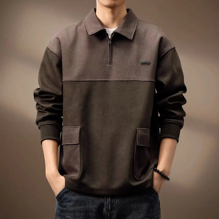 Brown Color-Block Quarter-Zip Polo worn front view