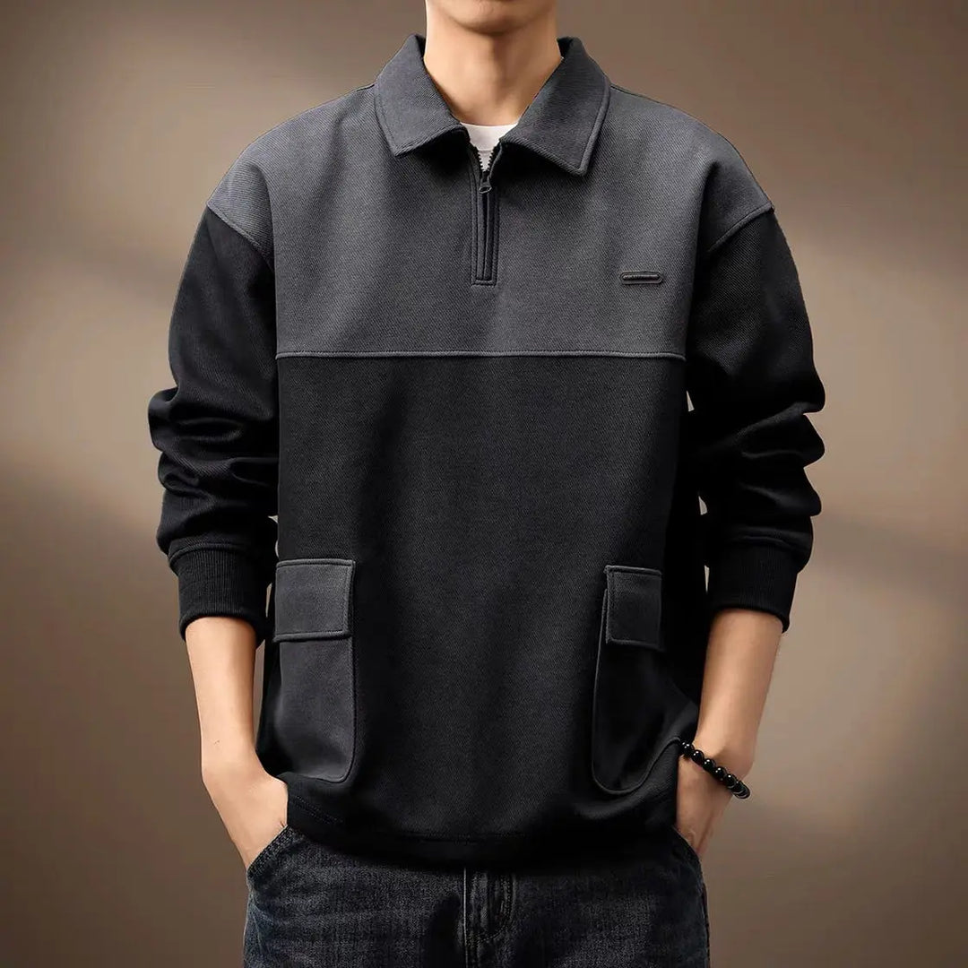 Black Color-Block Quarter-Zip Polo worn front view