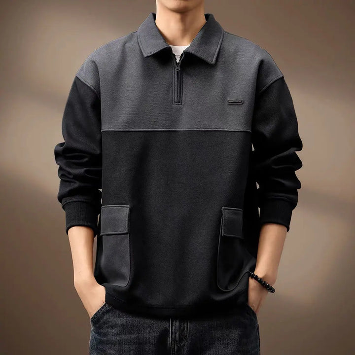 Black Color-Block Quarter-Zip Polo worn front view