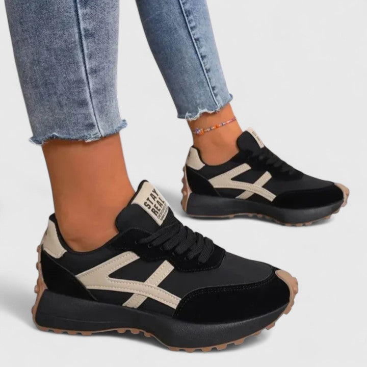 Black / Beige Color-Block Retro Sneakers worn front view