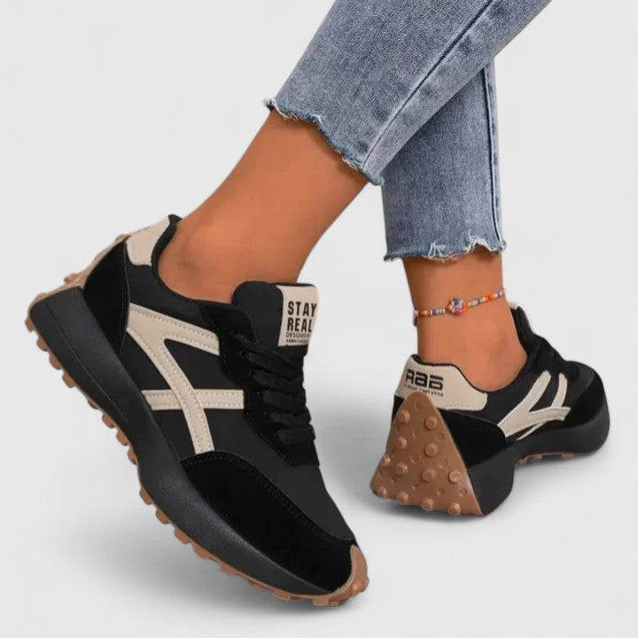 Black / Beige Color-Block Retro Sneakers worn side view