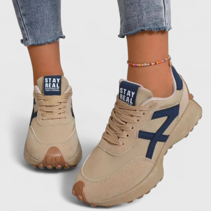 Beige Color-Block Retro Sneakers worn front view