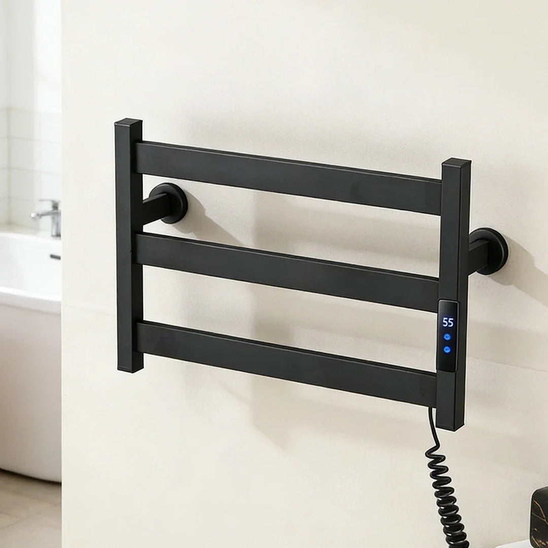 Black three-bar heated towel rack side view