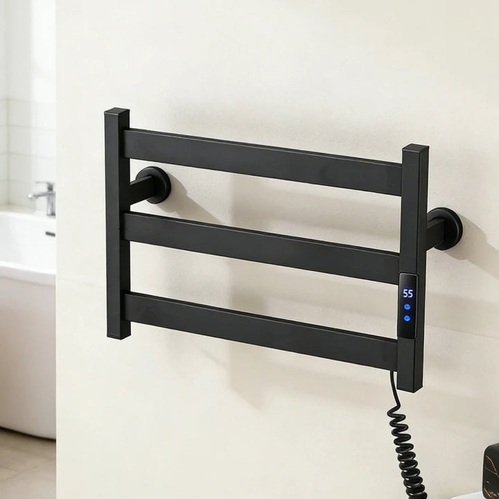 Black three-bar heated towel rack side view