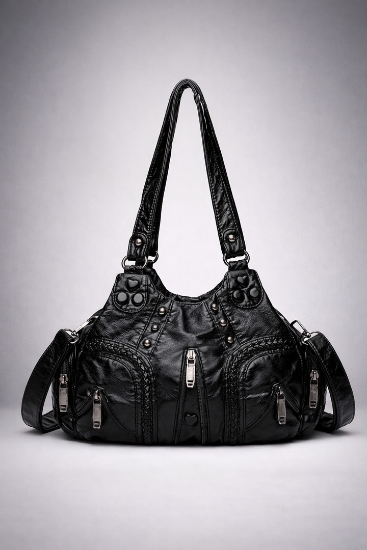 Black Compact Vegan Leather Shoulder Bag front view
