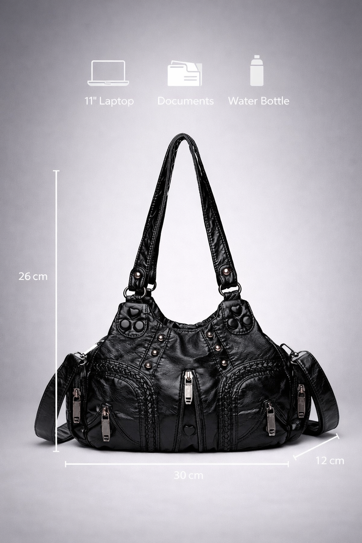 Black Compact Vegan Leather Shoulder Bag dimensions