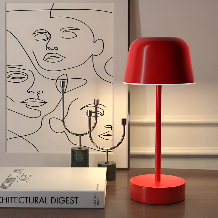 Red Cordless Bell Shade LED Table Lamp on console