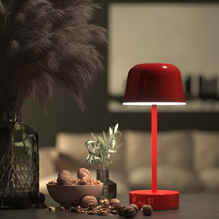 Red Cordless Bell Shade LED Table Lamp lit