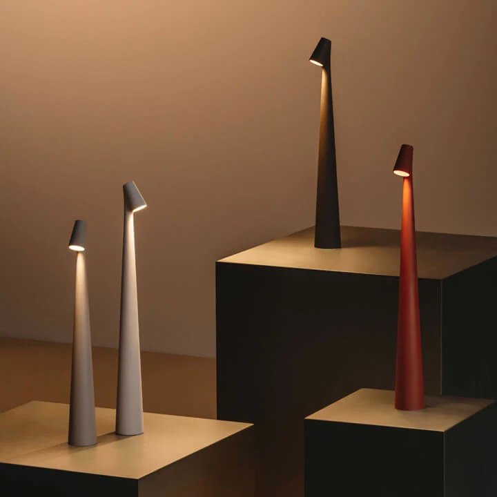 Cordless Cone Table Lamps in silver, black and red lit