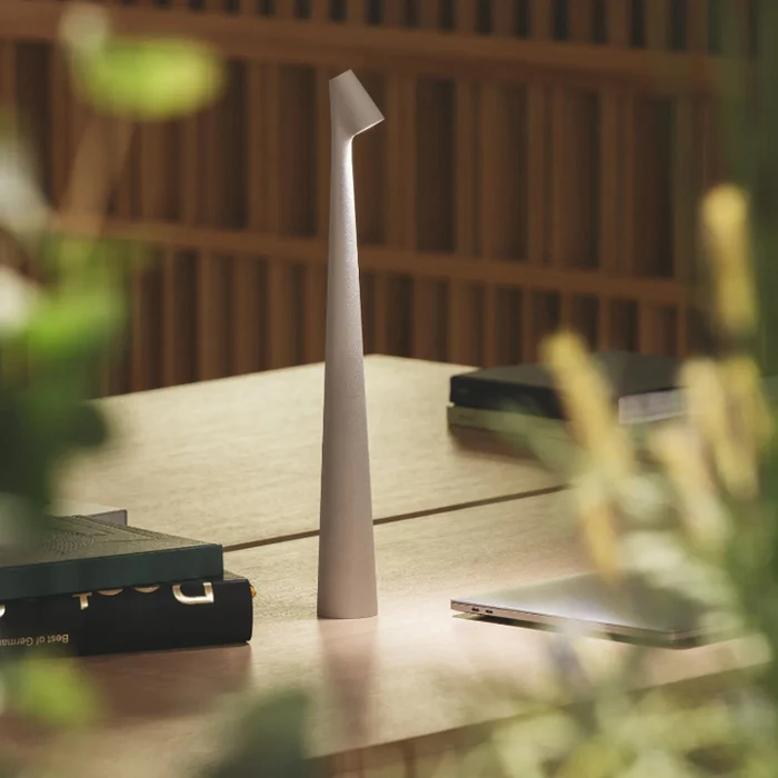 Silver Cordless Cone Table Lamp on desk