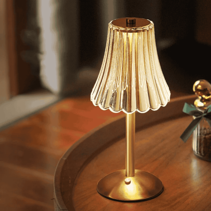 Cordless Crystal-Look Table Lamp pleated shade lit close view