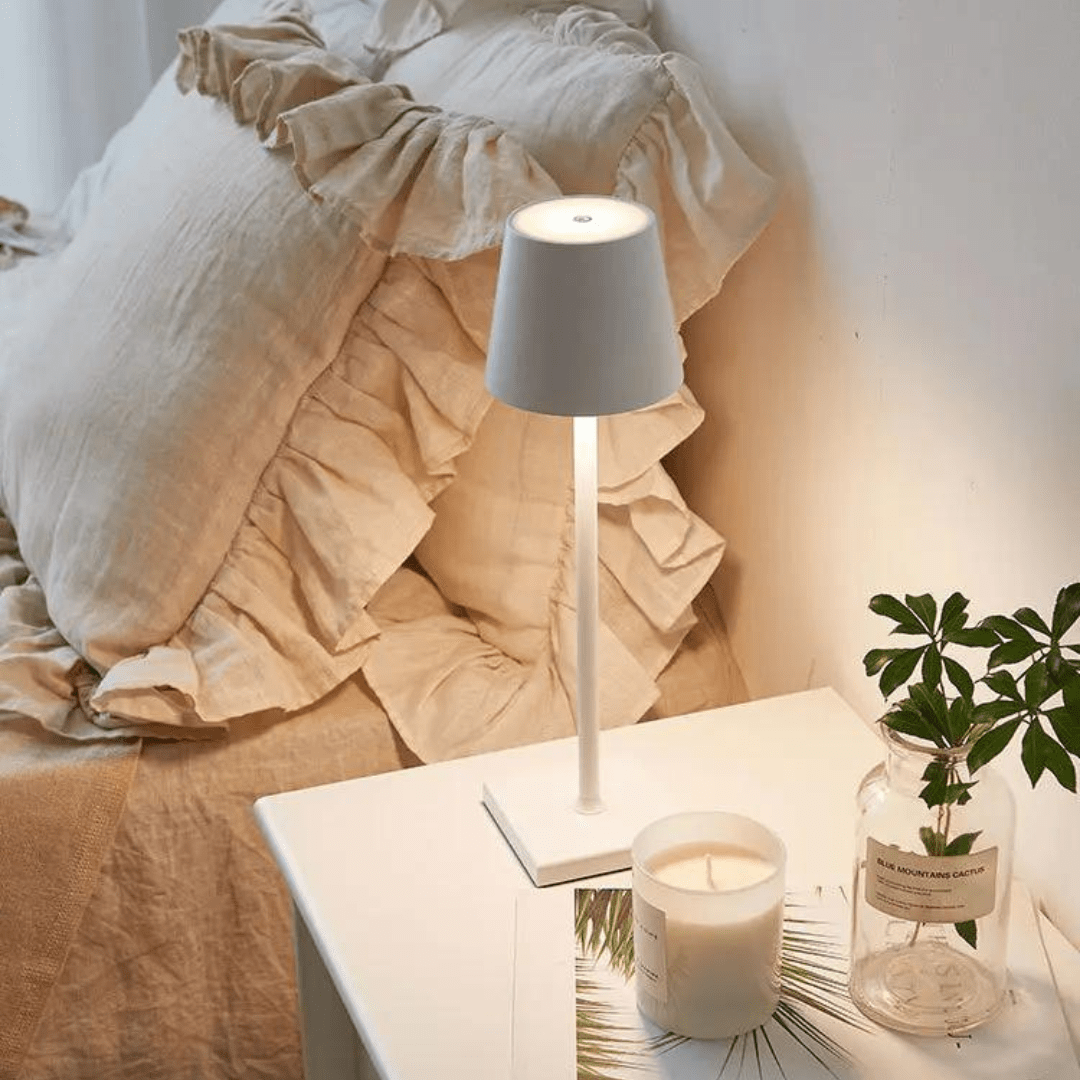Gray Cordless Rechargeable Bistro Table Lamp in bedroom