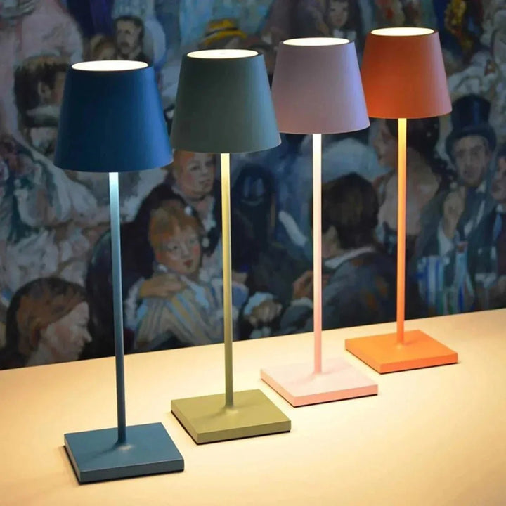Blue Cordless Rechargeable Bistro Table Lamp lit