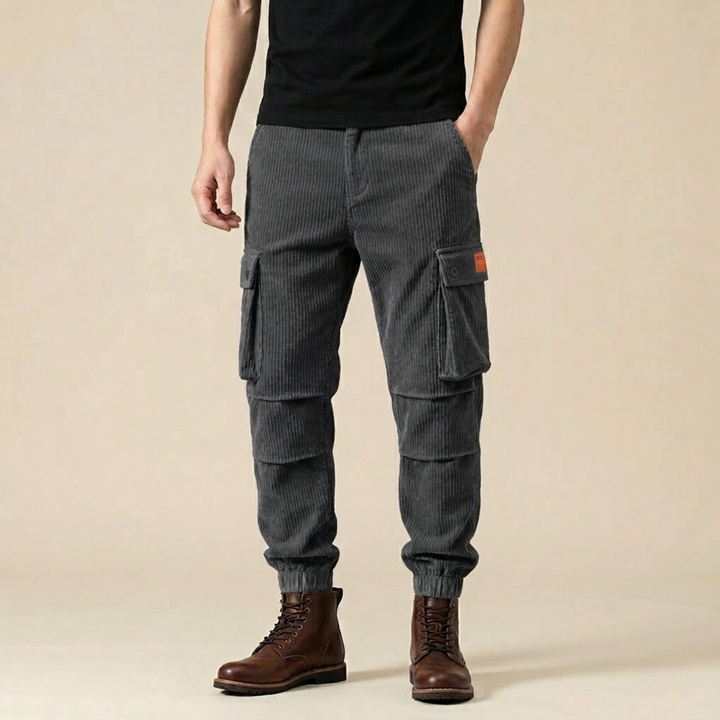 Gray Corduroy Cargo Pants worn with boots