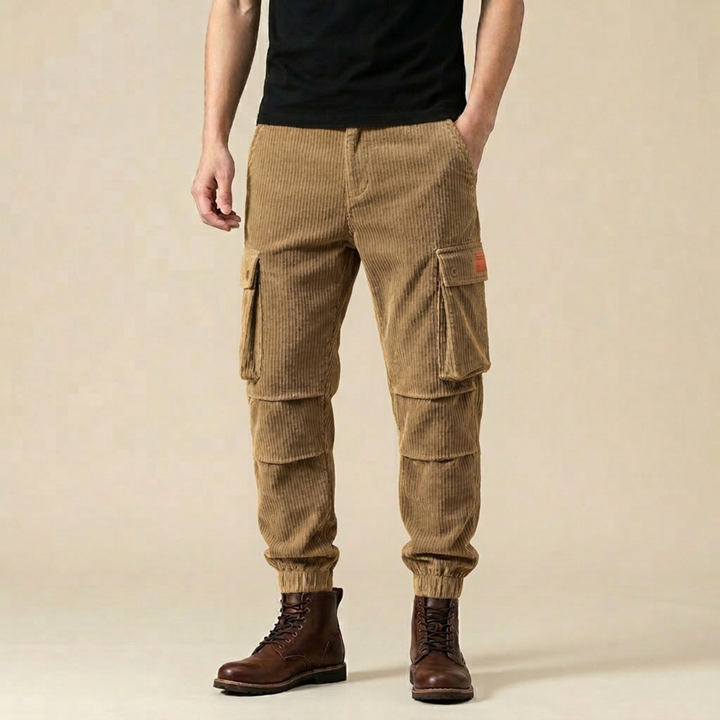 Khaki Corduroy Cargo Pants worn with boots