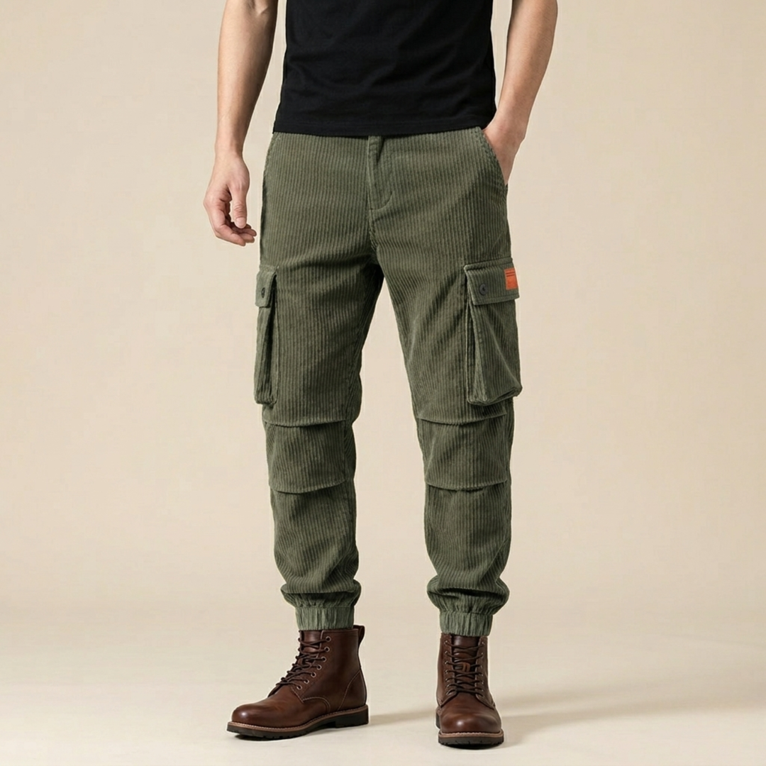 Green Corduroy Cargo Pants worn with boots