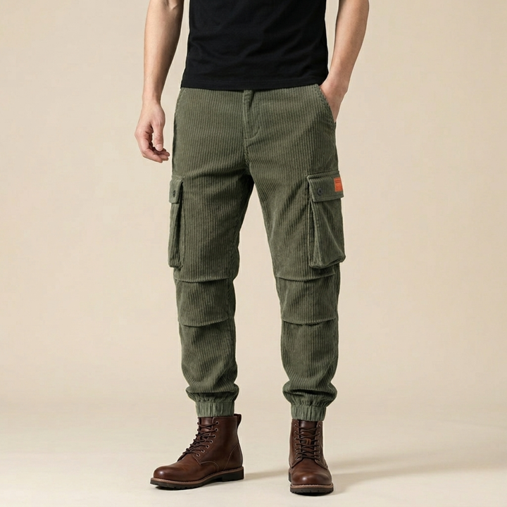 Green Corduroy Cargo Pants worn with boots