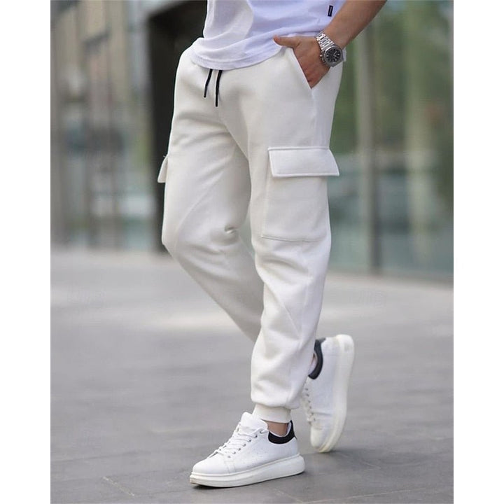 White Cuffed Cargo Joggers front view