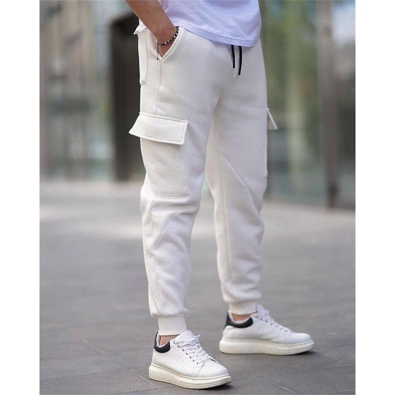White Cuffed Cargo Joggers side view