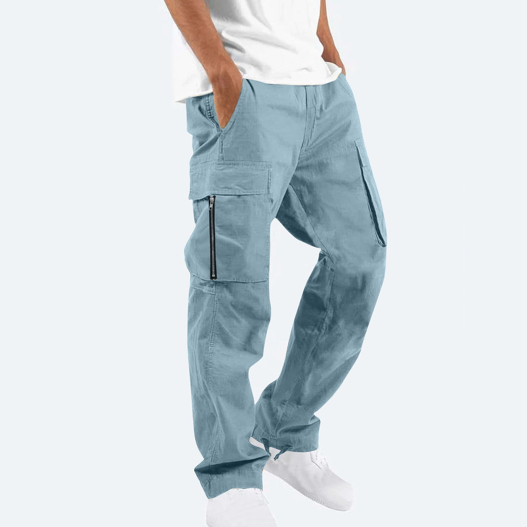 Light Blue Cotton-Blend Cargo Pants worn side view