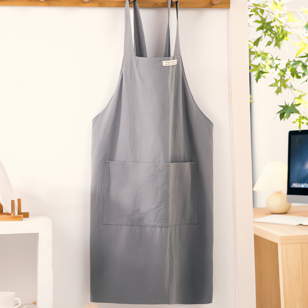 Grey Cotton Cross-Back Apron hanging front view