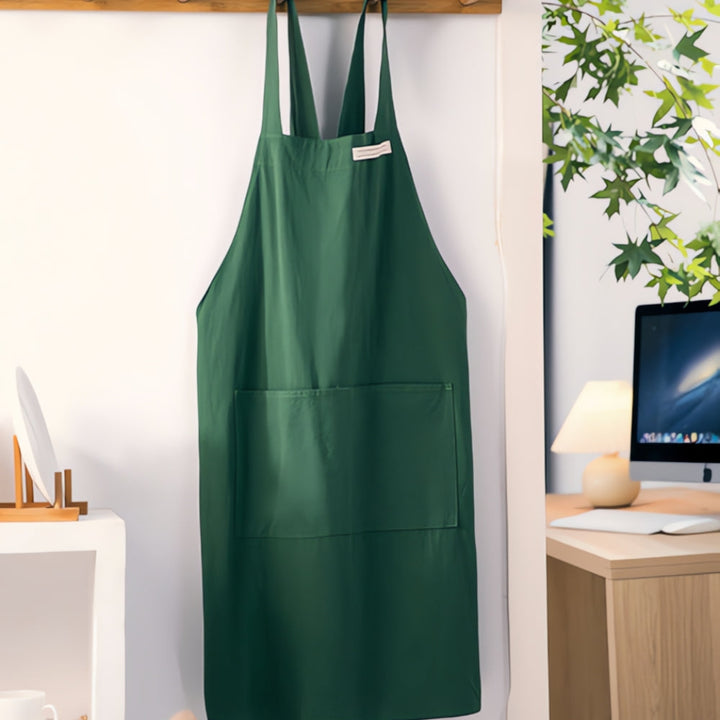 Forest Green Cotton Cross-Back Apron hanging front view