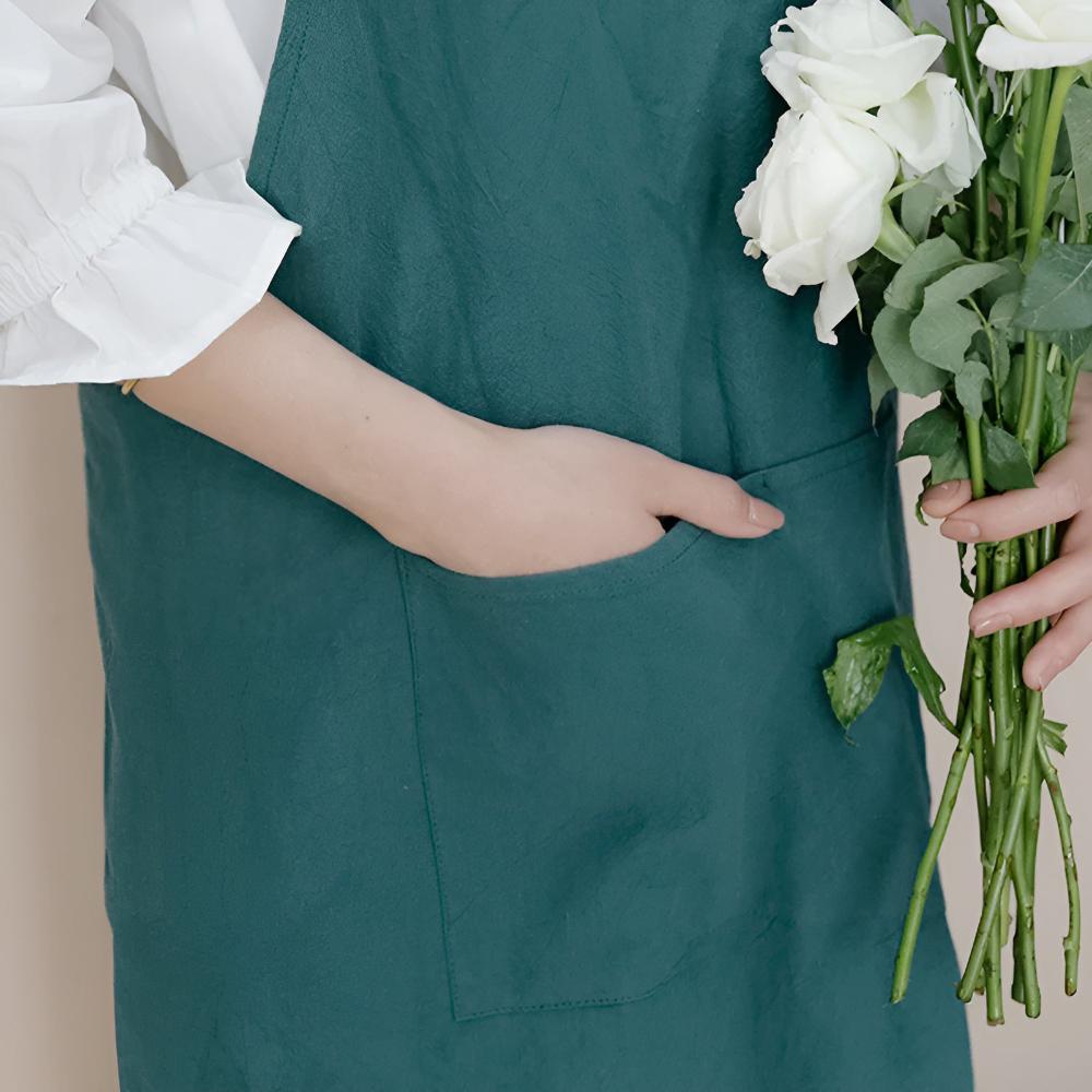 Teal Blue Cotton Cross-Back Apron front pocket detail