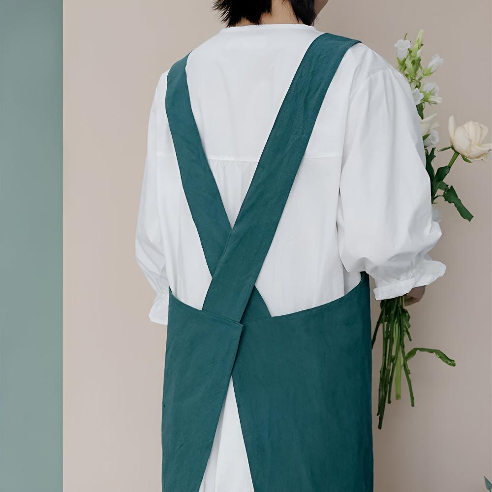 Teal Blue Cotton Cross-Back Apron crossed straps back view