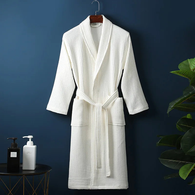White Cotton Shawl-Collar Bathrobe on a hanger, front view